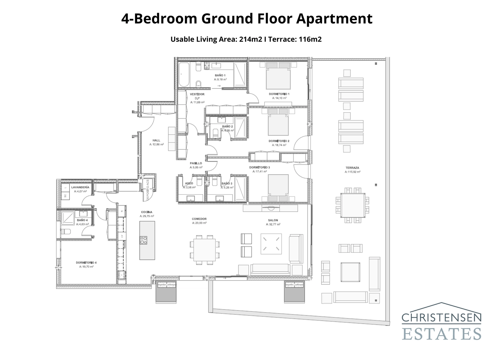 Ein großartiger Grundriss einer Vierzimmer-Erdgeschosswohnung mit weitläufigen Wohnbereichen, die auf eine sehr große Terrasse führen, ideal für Familien und zum Unterhalten von Gästen.