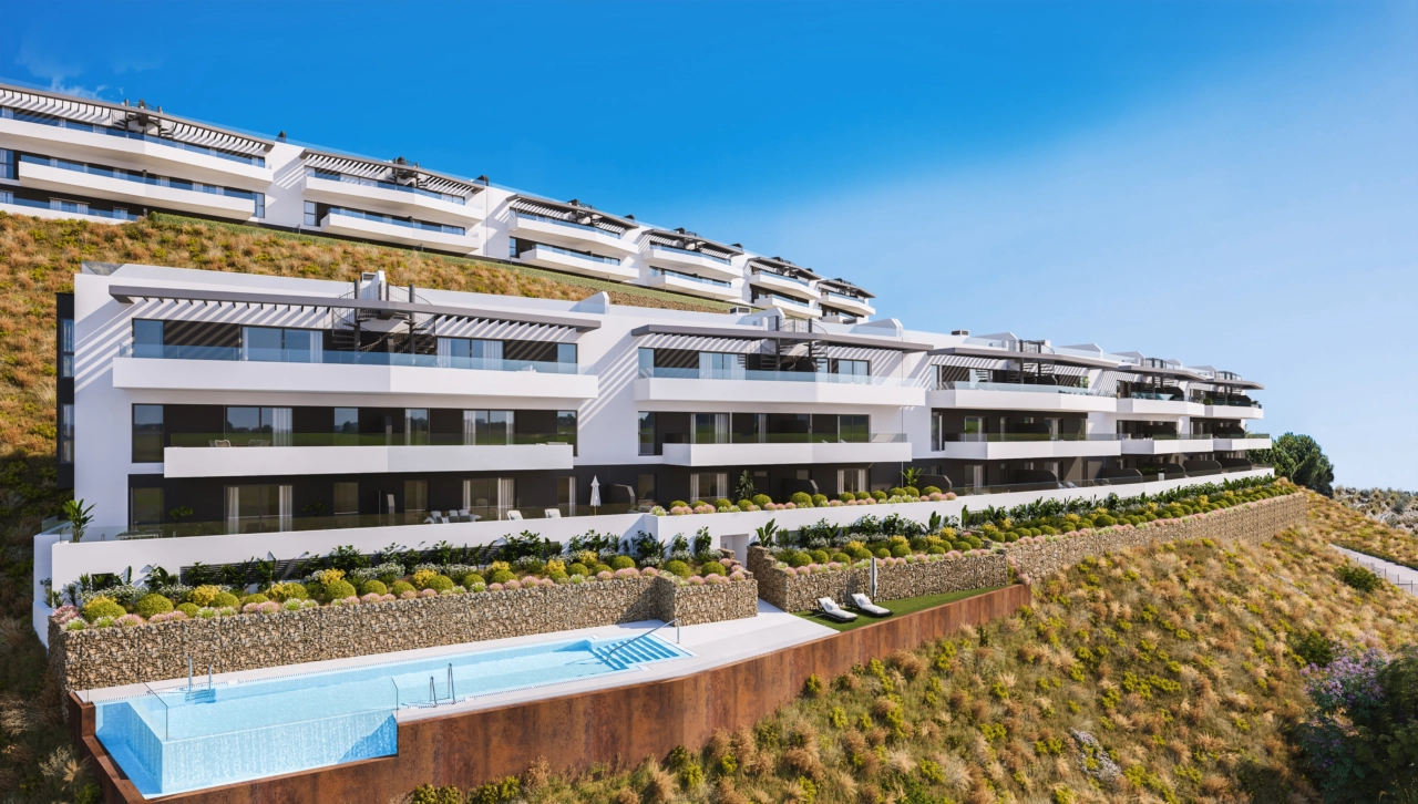 Ein Blick auf die stilvolle Apartmentanlage, die so konzipiert ist, dass sie sich in die natürliche Landschaft einfügt.