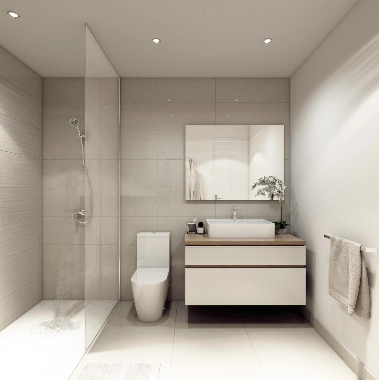 Ein modernes Badezimmer mit hochwertigen Oberflächen und einem klaren, eleganten Design.