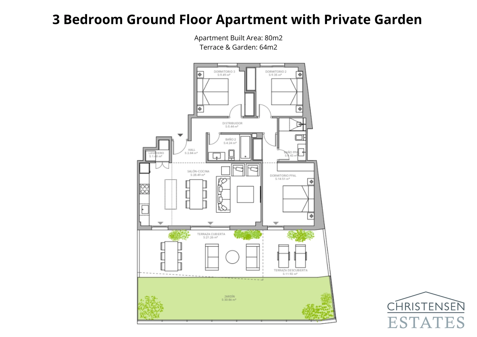 Grundriss für die Erdgeschosswohnung mit drei Schlafzimmern, der den großzügigen Innenraum und den großen privaten Garten hervorhebt, perfekt für das Leben im Freien.