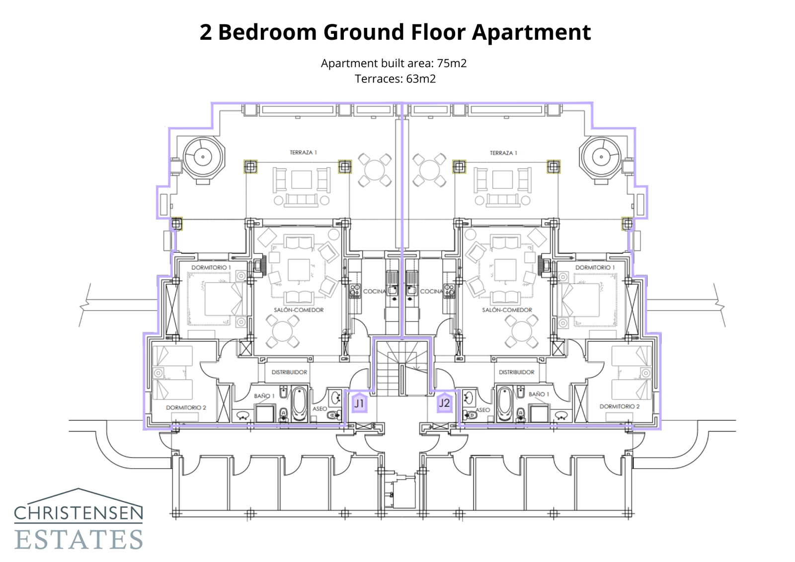 Grundriss einer Zweizimmer-Erdgeschosswohnung, der die geräumige Terrasse hervorhebt, die den Wohnbereich nach draußen erweitert.