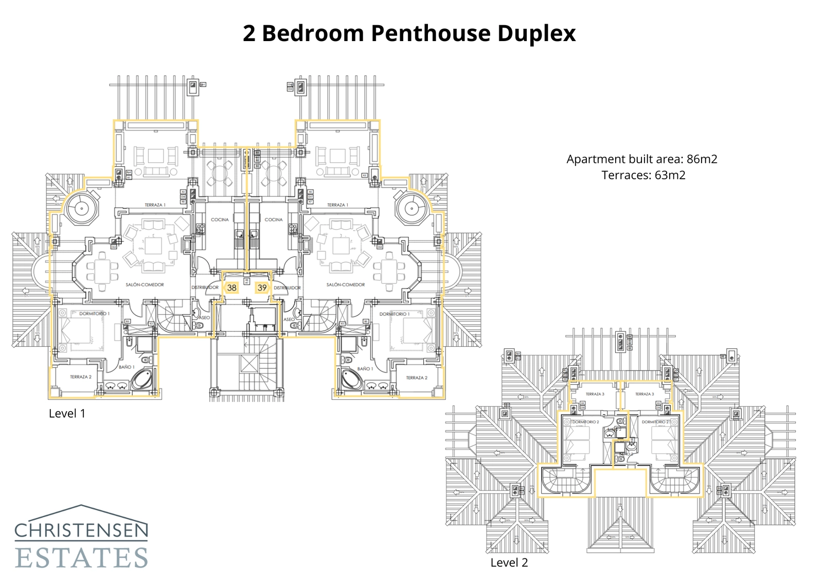 Der Grundriss für das Zweizimmer-Duplex-Penthouse, mit Wohnbereichen und Terrassen auf zwei Ebenen für einen gehobenen Lebensstil.