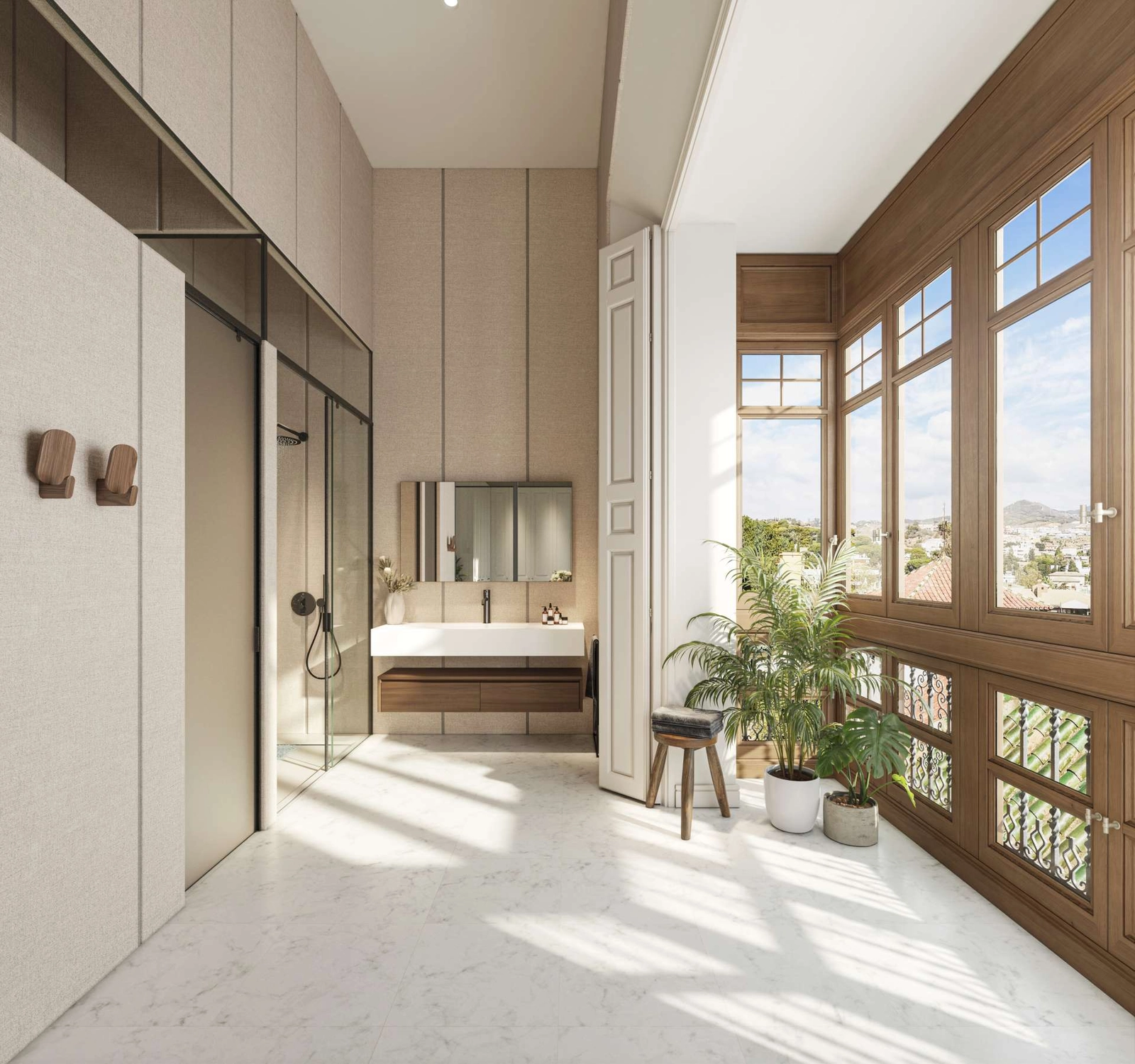 Helle Badezimmer verfügen über historische Details wie dieses prächtige Erkerfenster und schaffen einen einzigartigen Raum zur Entspannung.