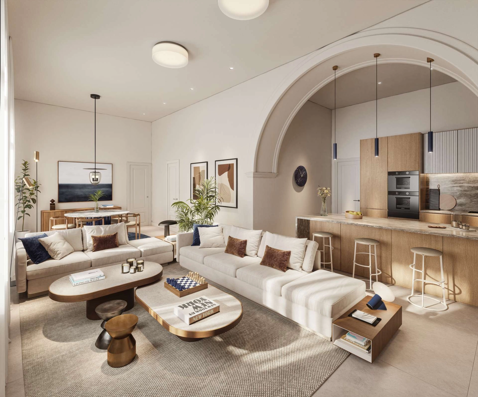 Geräumige, offene Wohnbereiche sind auf Komfort ausgelegt und verbinden modernes Design mit klassischen architektonischen Details.