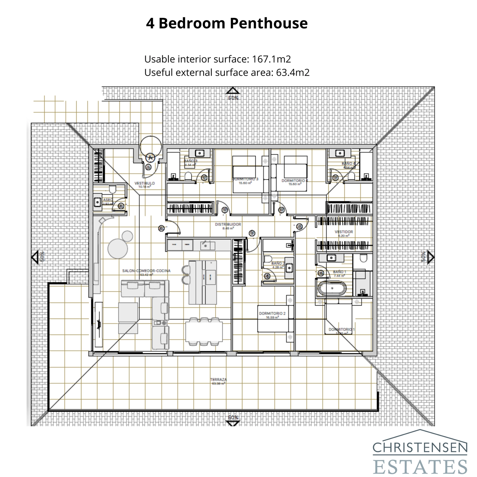 Der exklusive Grundriss des Penthouses mit vier Schlafzimmern bietet weitläufige Innenräume und eine große Terrasse für ultimatives Luxuswohnen.