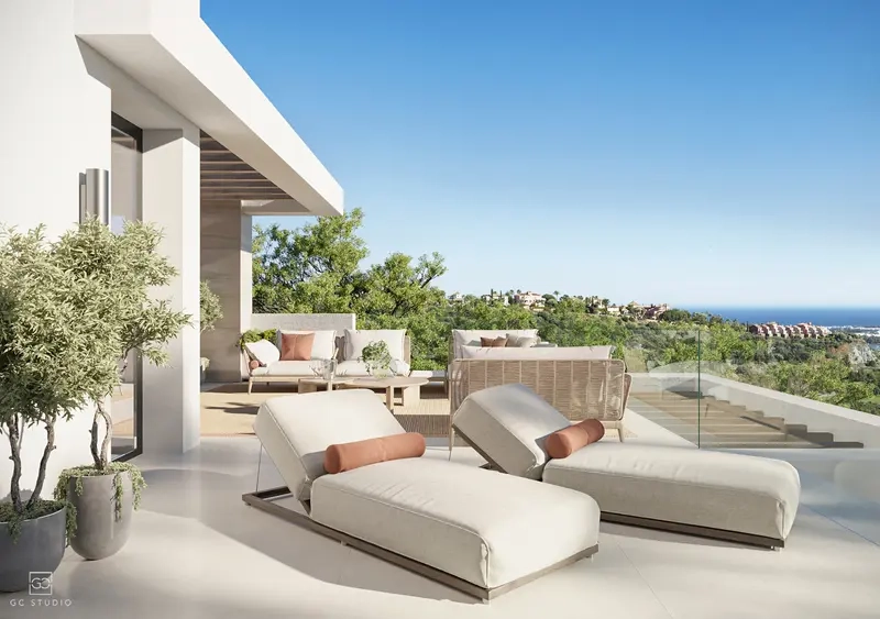 Eine großzügige private Terrasse, konzipiert für nahtloses Wohnen im Innen- und Außenbereich und zum Sonnenbaden.