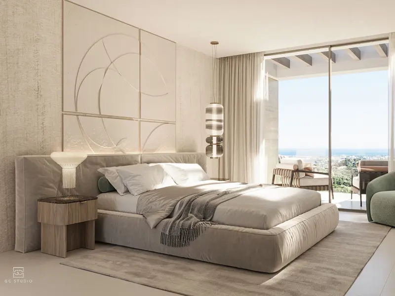 Die Master-Suite, ein friedlicher Rückzugsort mit direktem Terrassenzugang und atemberaubendem Meerblick.