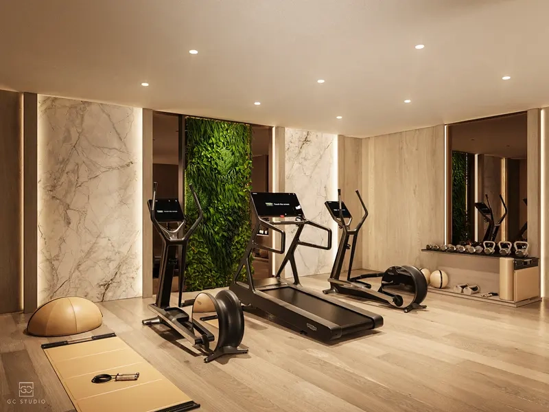 Ein privater, voll ausgestatteter Wellnessbereich, um Ihre Fitnessroutine zu Hause aufrechtzuerhalten.