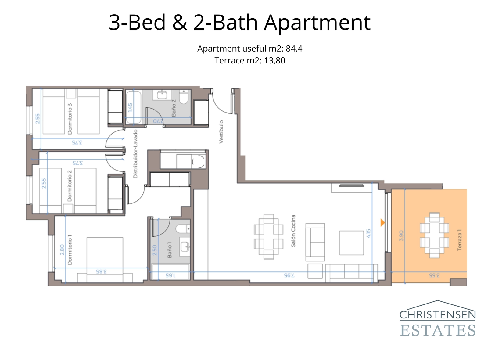 Großzügiger Grundriss einer Drei-Schlafzimmer-Wohnung, konzipiert für Komfort und Funktionalität mit direktem Zugang zu Außenbereichen.