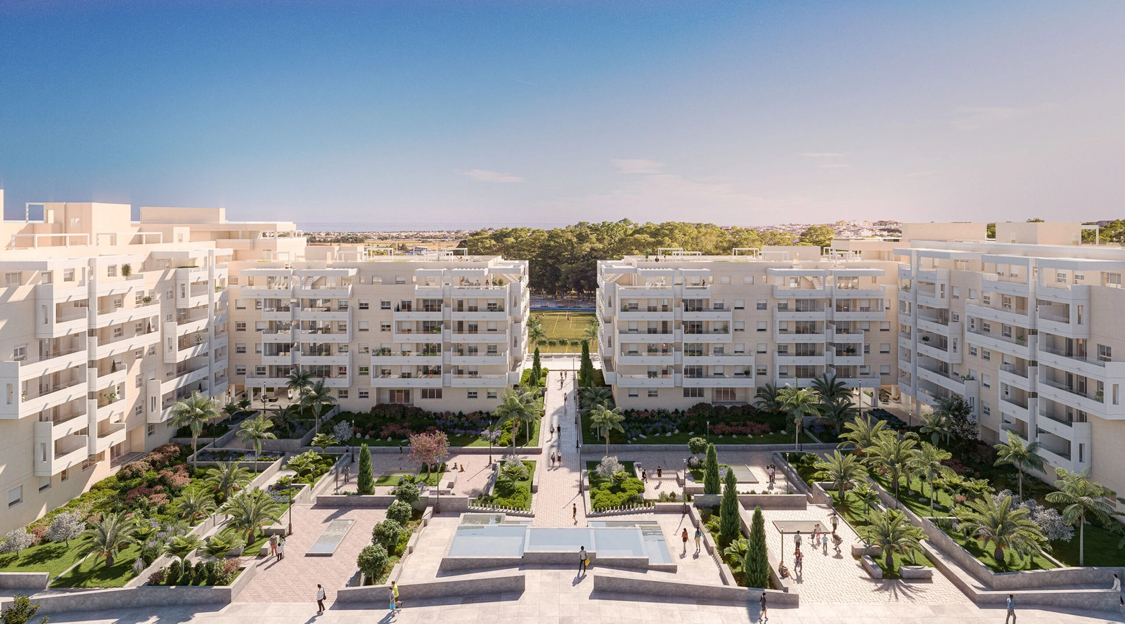Eine Luftaufnahme zeigt die schöne Anlage der Wohnsiedlung, eingebettet in üppiges Grün an der Costa del Sol.