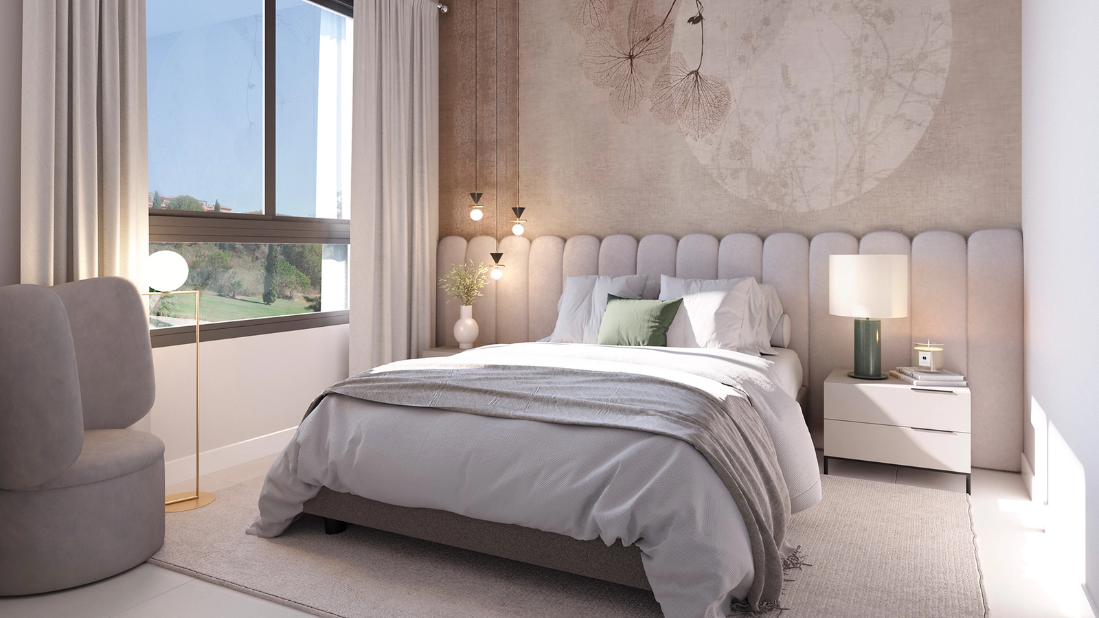 Elegante Schlafzimmer sind als friedliche Rückzugsorte gestaltet, mit viel Tageslicht und hochwertigen Oberflächen.