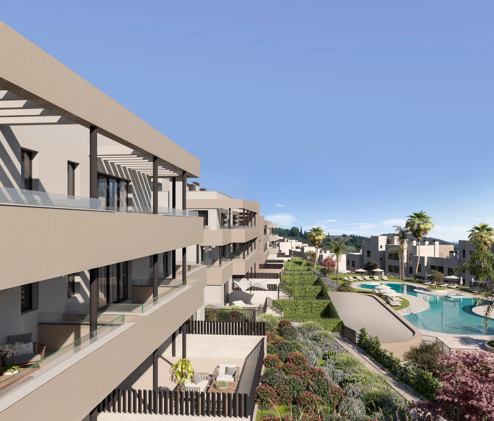 Das wunderschöne Terrassendesign der Anlage sorgt für Privatsphäre und eine hervorragende Aussicht auf die Gemeinschaftsbereiche.