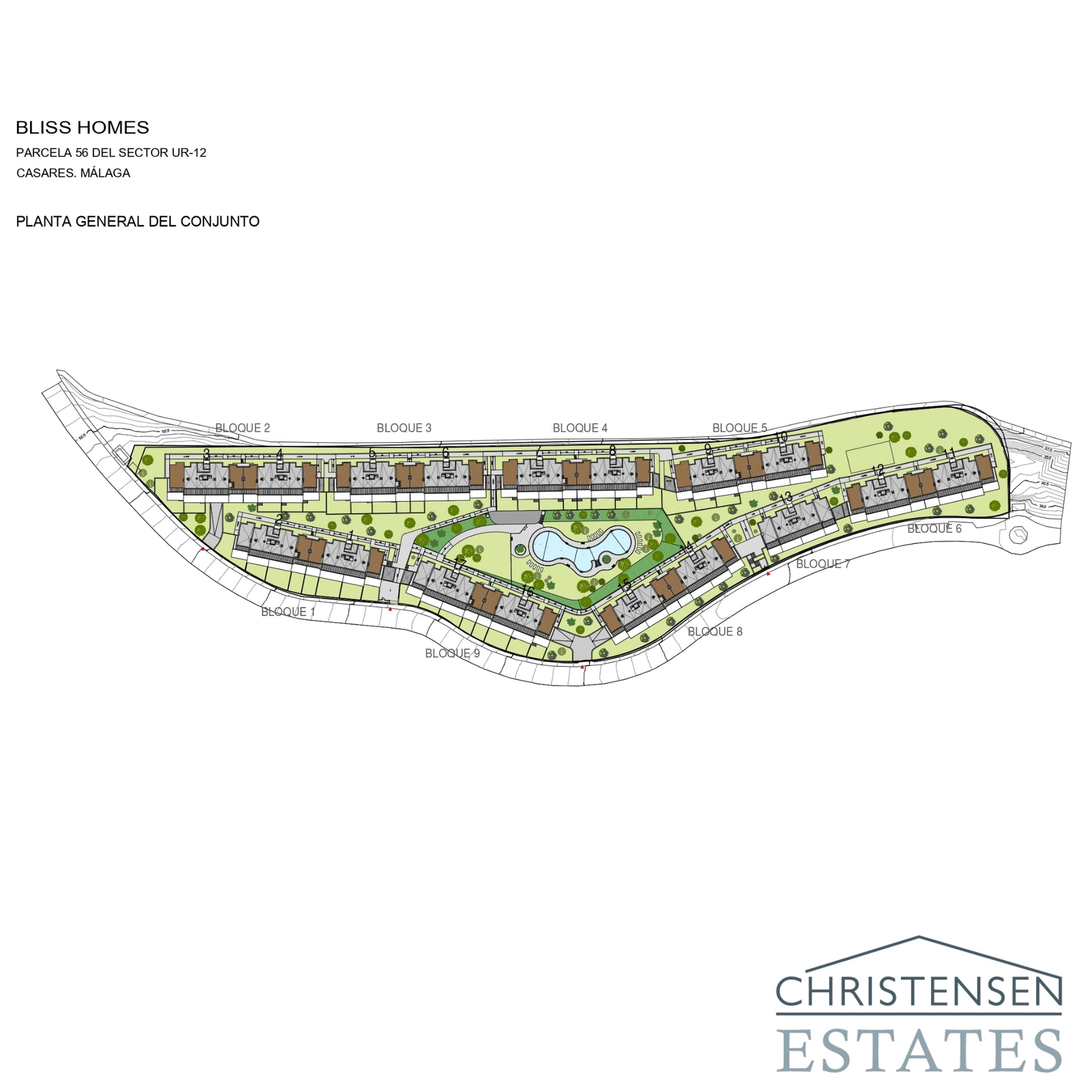 Dieser Bebauungsplan zeigt die Gesamtgestaltung der Anlage mit den neun Wohnblöcken, dem Gemeinschaftspool und den Gartenbereichen.