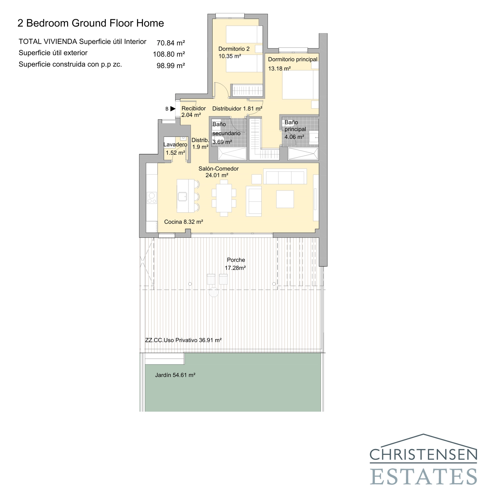 Der Grundriss der Zweizimmerwohnung bietet eine intelligente Raumaufteilung mit einem offenen Wohnbereich, der sich zu einer geräumigen Veranda und einem privaten Garten hin öffnet.