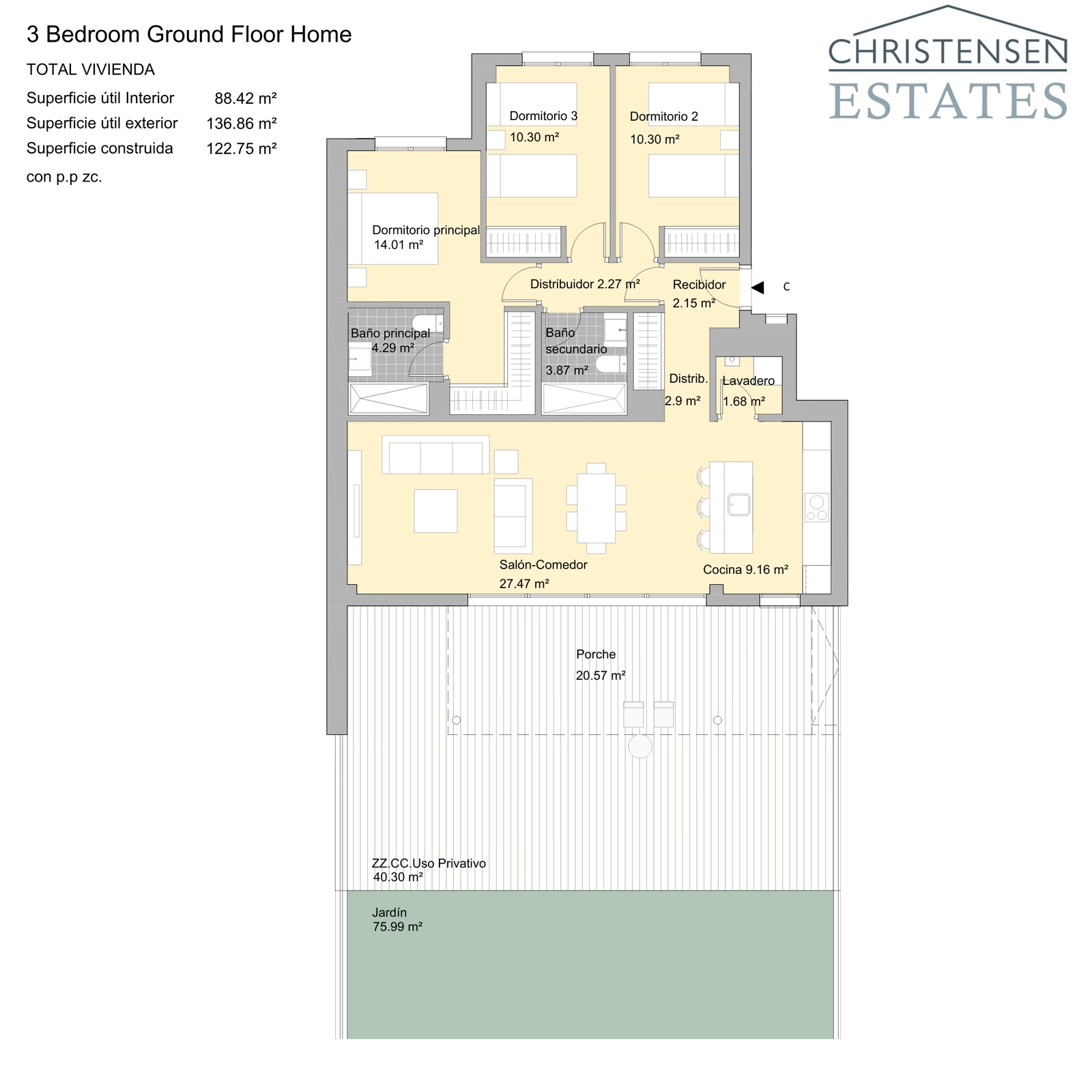 Dieser Grundriss mit drei Schlafzimmern bietet viel Platz für Familien, mit einem großzügigen Wohn-Essbereich und direktem Zugang zu einer privaten Veranda und einem Garten.