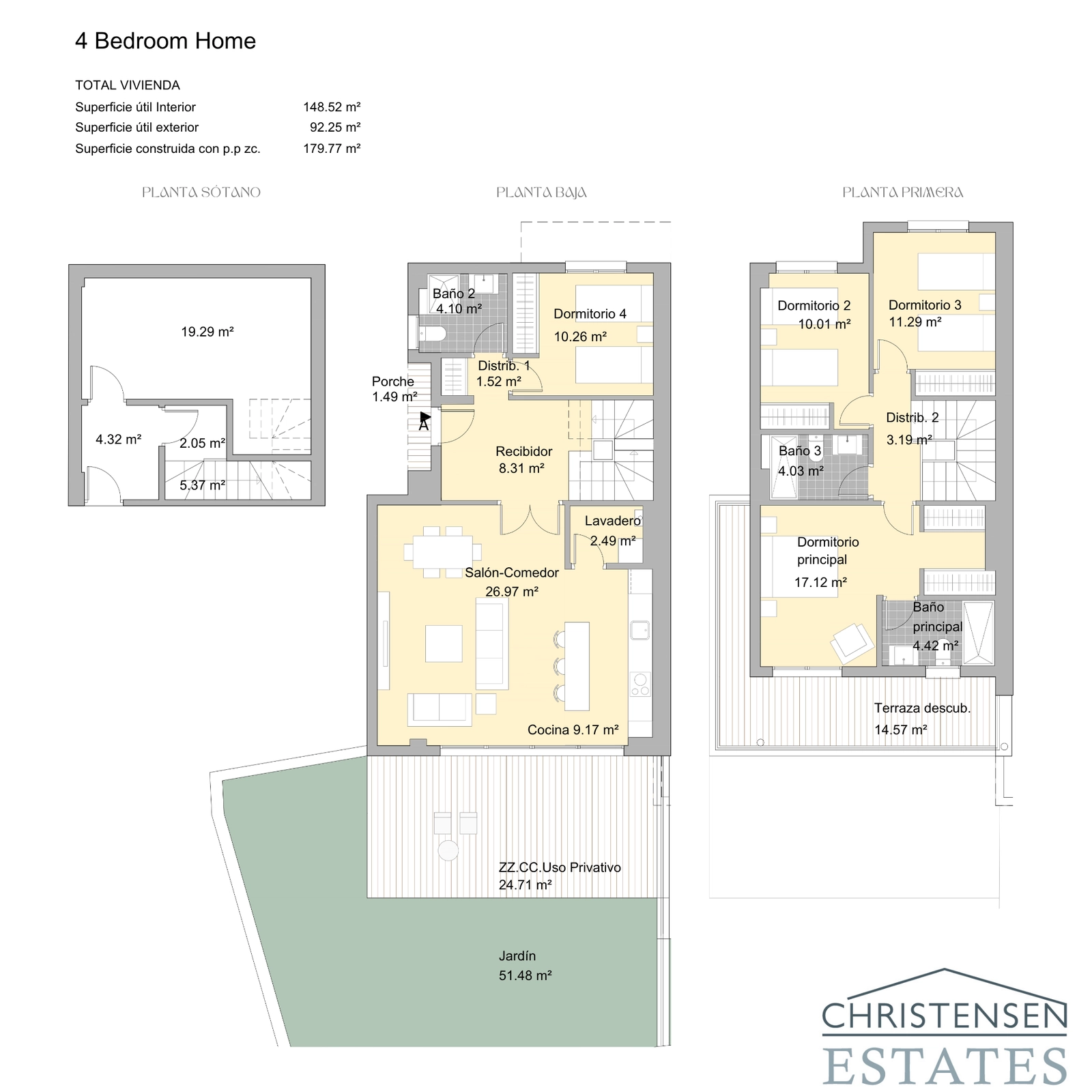 Die Vierzimmerwohnung bietet maximalen Komfort und Raum, verteilt auf zwei Etagen mit mehreren Terrassen und einem privaten Garten.