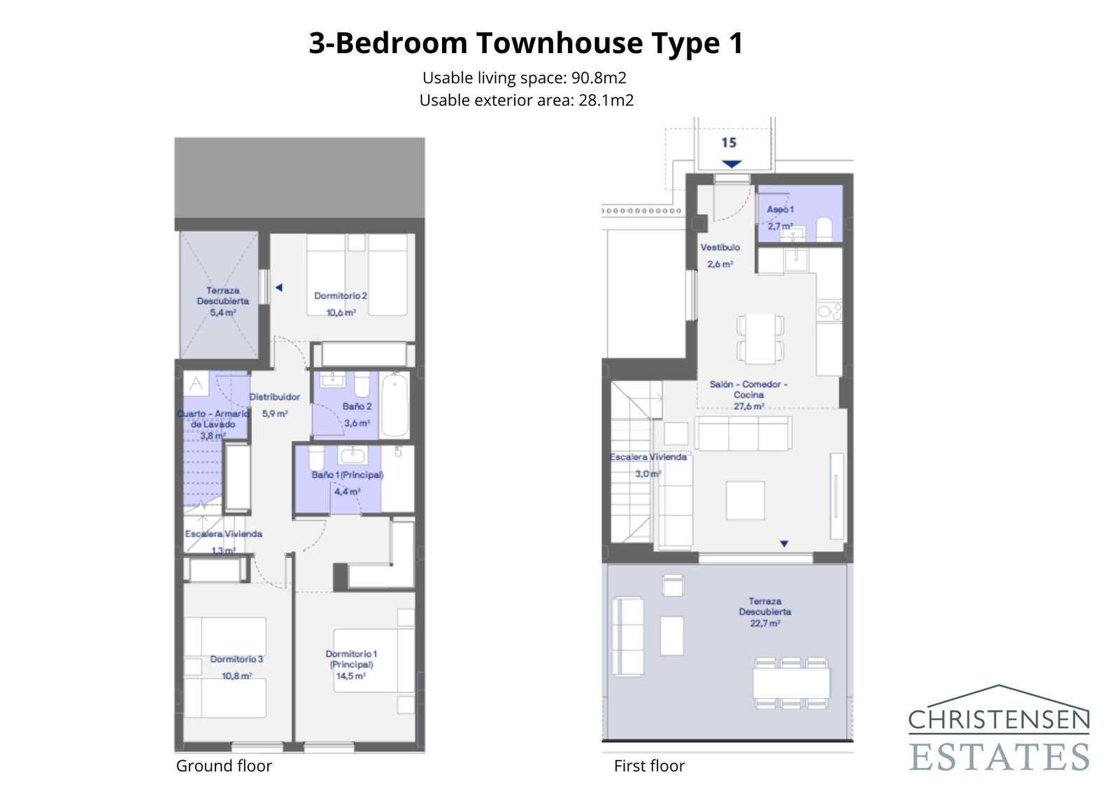 Grundriss eines Reihenhauses mit drei Schlafzimmern, der eine intelligente Raumaufteilung mit einem offenen Wohnbereich und einer großzügigen Terrasse zeigt.