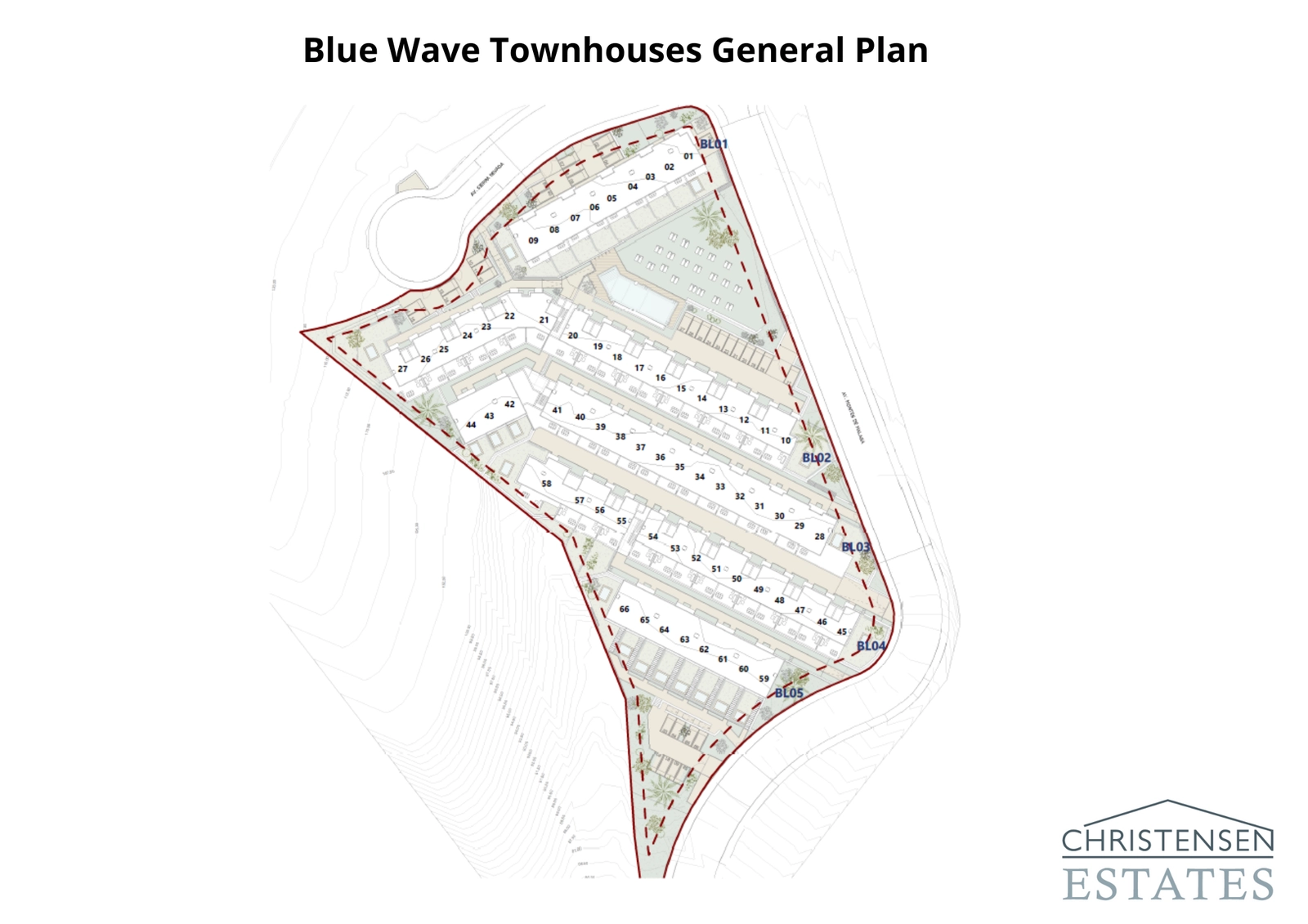 Der Lageplan der Gemeinschaft zeigt die durchdachte Positionierung der Reihenhäuser, um Privatsphäre zu gewährleisten und den schönen Meerblick für die Bewohner zu optimieren.