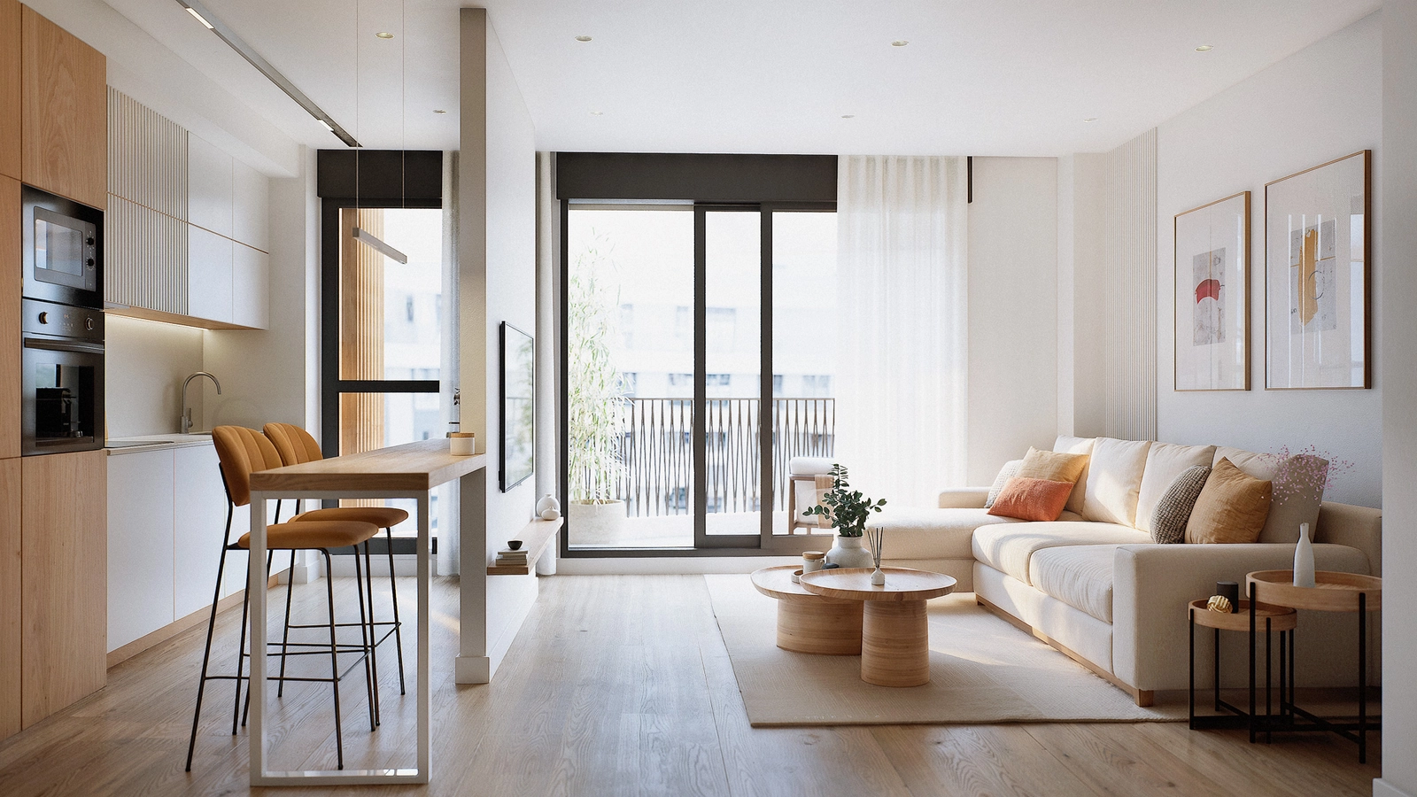 Ein offener Wohnbereich, in dem die moderne Küche, der Essbereich und das Wohnzimmer ineinander übergehen und ein Gefühl von Weite und Licht schaffen.