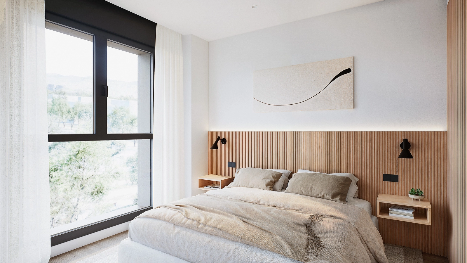 Das Hauptschlafzimmer, ein ruhiger Rückzugsort, gestaltet mit natürlichen Materialien und direktem Zugang zum Tageslicht.