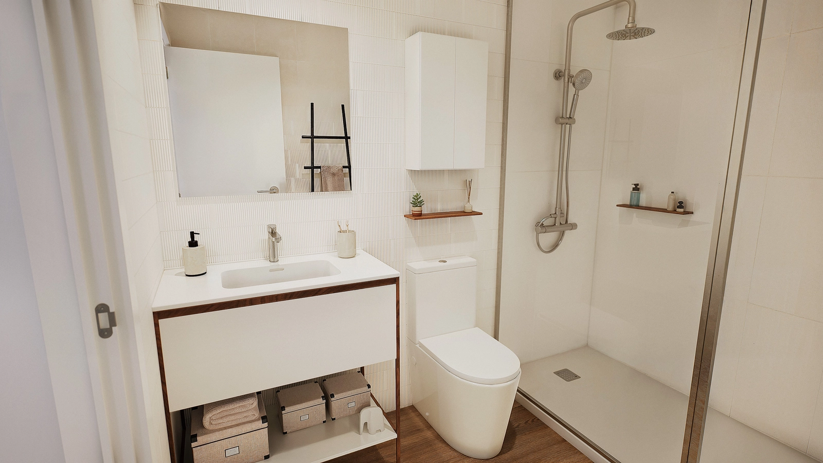 Ein stilvolles und funktionales Badezimmer mit hochwertigen Materialien und modernem Design.