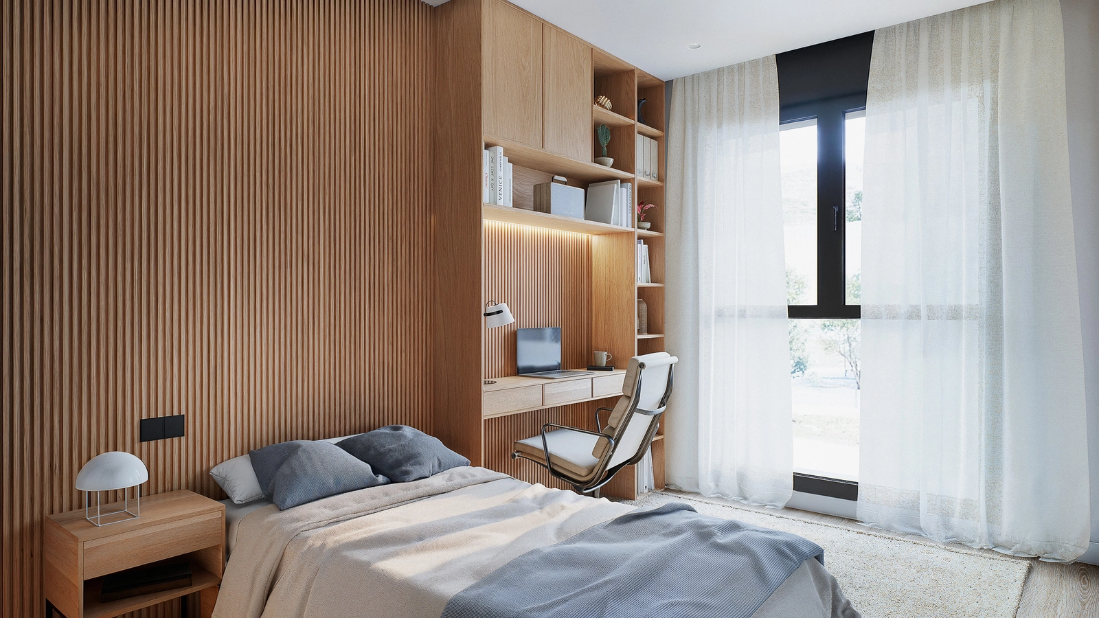 Ein gut gestaltetes zweites Schlafzimmer, komplett mit integriertem Schreibtisch und Stauraum, perfekt für die Familie oder als Heimbüro.