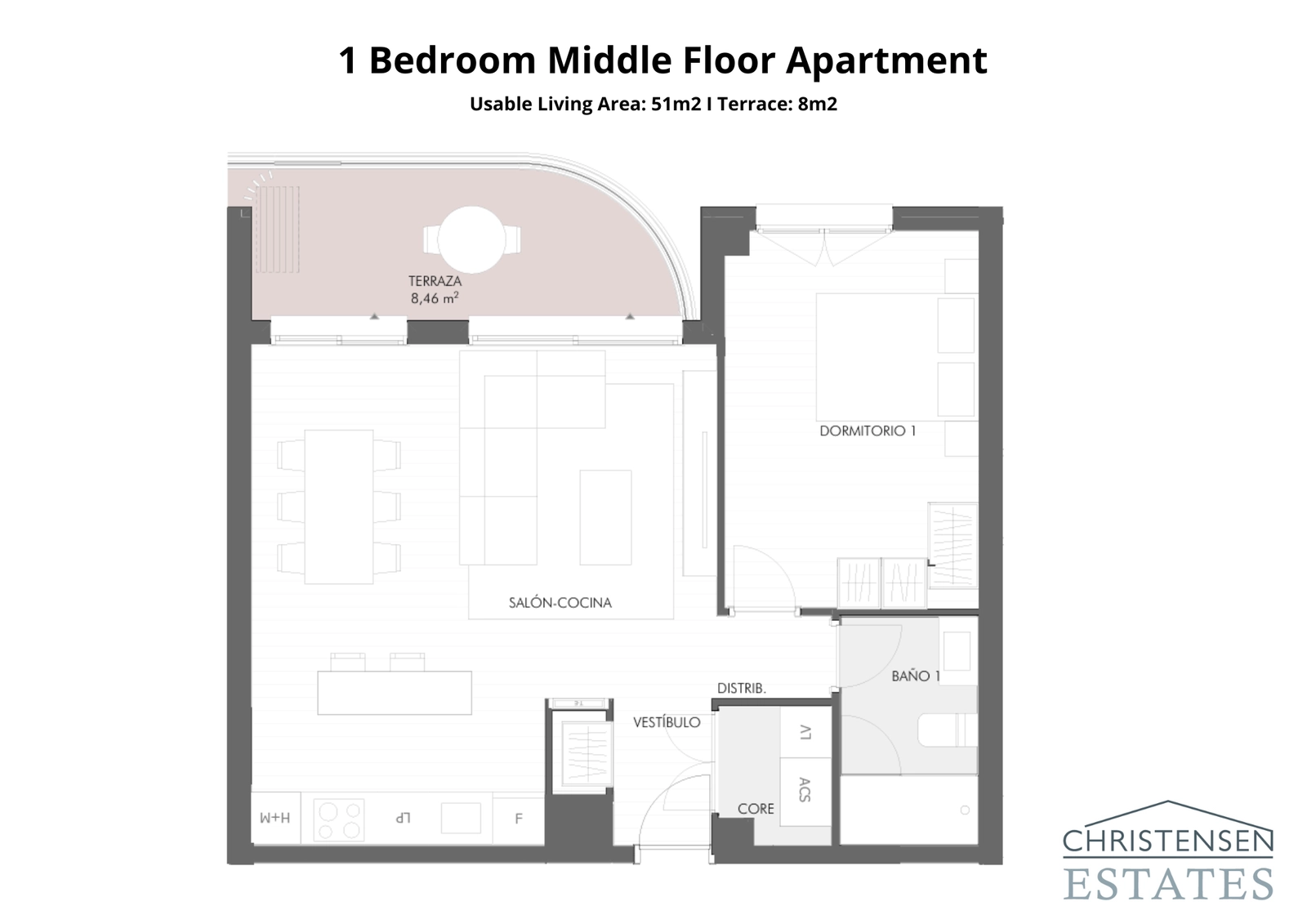 Grundriss einer 1-Zimmer-Wohnung, konzipiert für modernes Wohnen mit effizienter Raumnutzung und einer komfortablen privaten Terrasse.