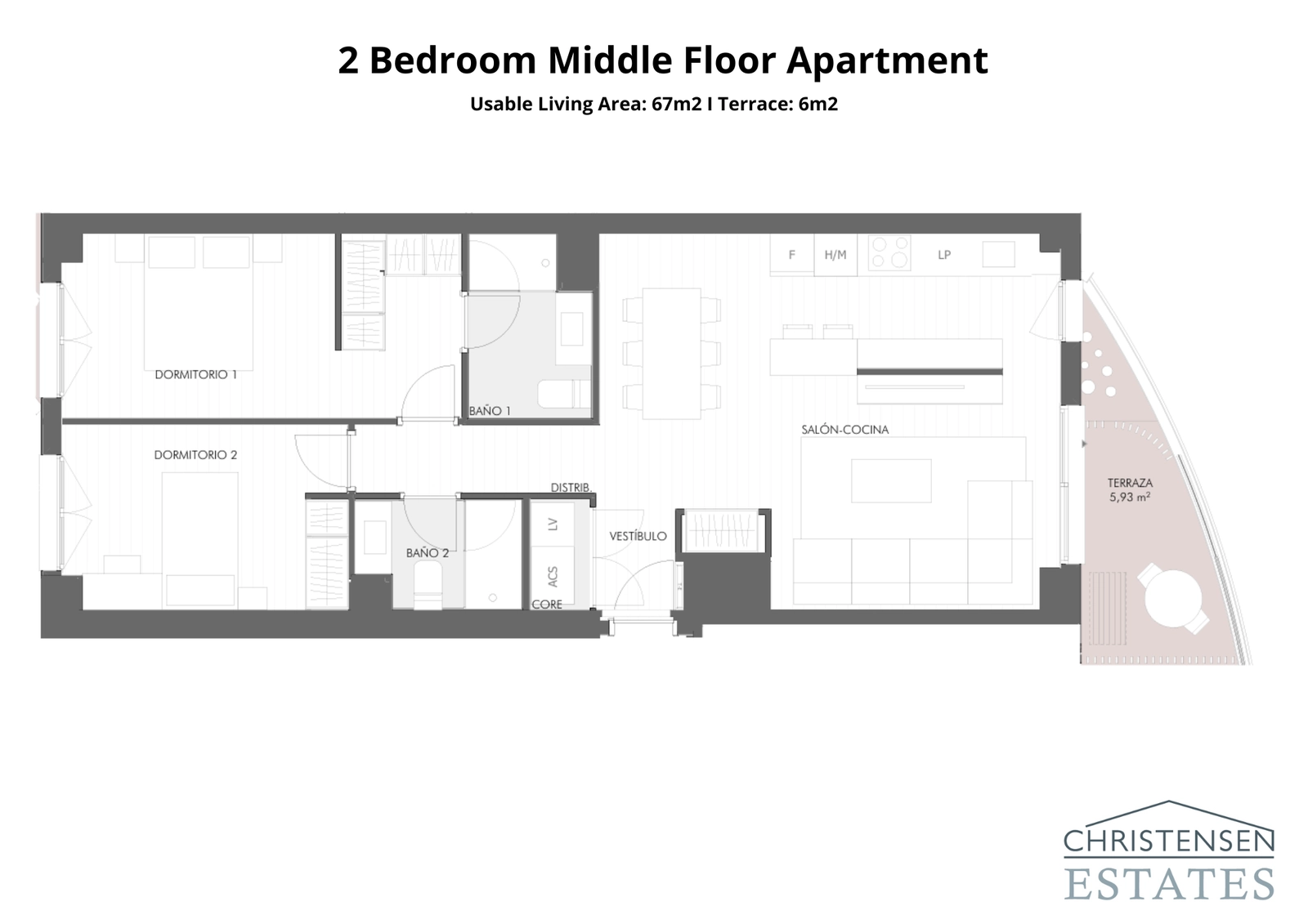 Grundriss einer 2-Zimmer-Wohnung, mit einem cleveren Layout, das die Schlafbereiche vom offenen Wohnbereich für erhöhten Komfort trennt.