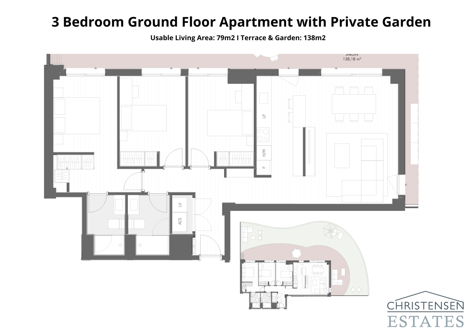 Grundriss einer 3-Zimmer-Erdgeschosswohnung, mit direktem Zugang zu einer großzügigen Terrasse und einem privaten Garten, der den Wohnraum ins Freie erweitert.