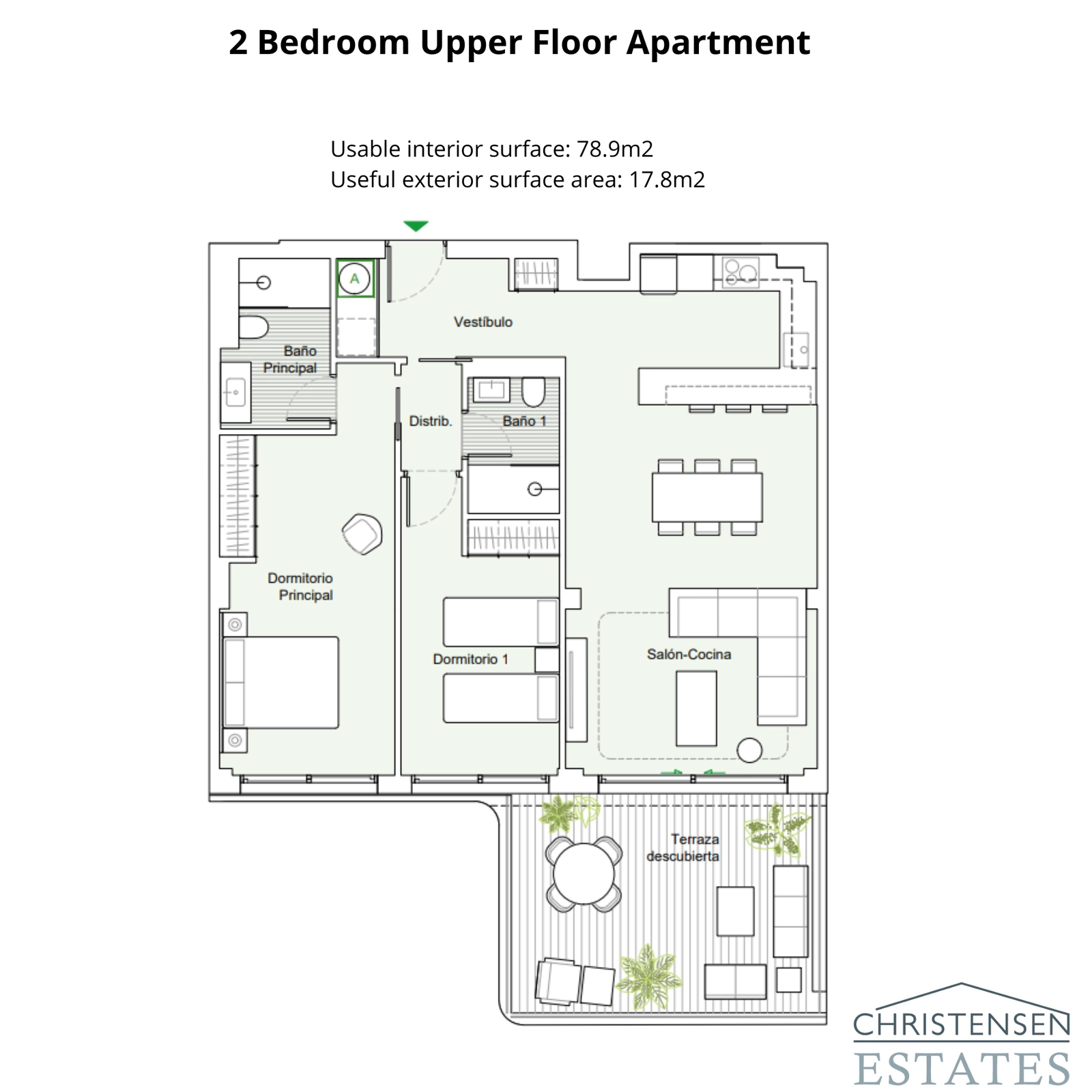 Ein eleganter Grundriss einer Zwei-Zimmer-Wohnung, entworfen, um Licht und Ausblick von der Terrasse zu maximieren.
