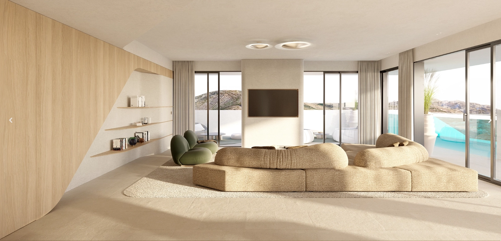 Die Innenräume zeichnen sich durch natürliche Farbtöne und Texturen aus und schaffen eine warme und elegante Atmosphäre zum Entspannen oder für gesellige Stunden.