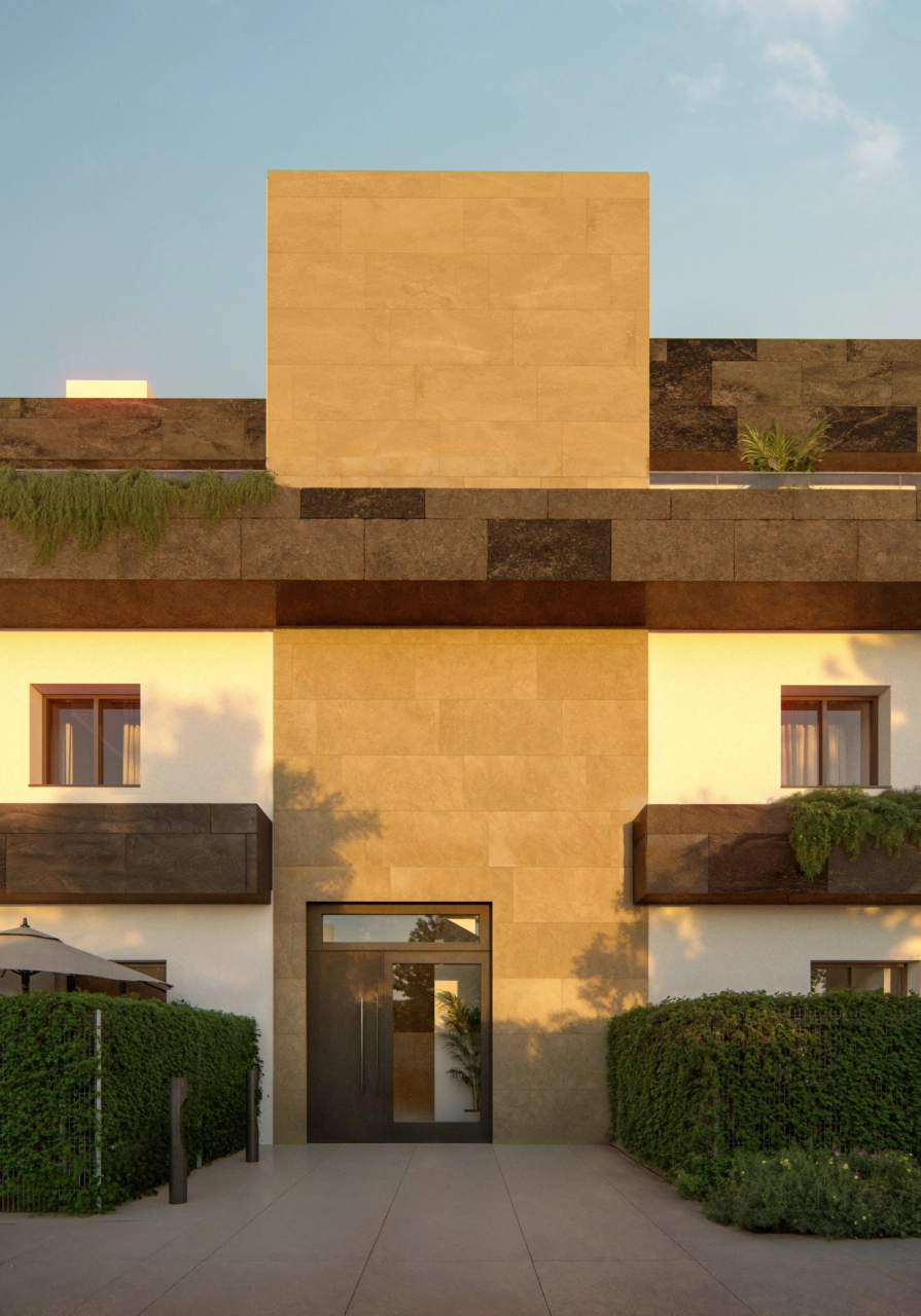 Eine detaillierte Ansicht der modernen Architektur und des Haupteingangs zu den Immobilien.