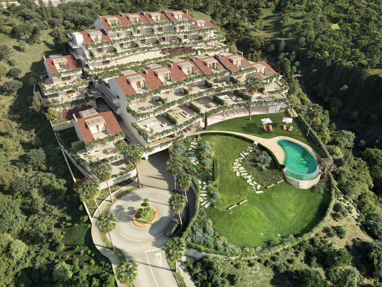 Eine beeindruckende Ansicht der gesamten Anlage, die ihre einzigartige Terrassenarchitektur und die grüne Umgebung hervorhebt.