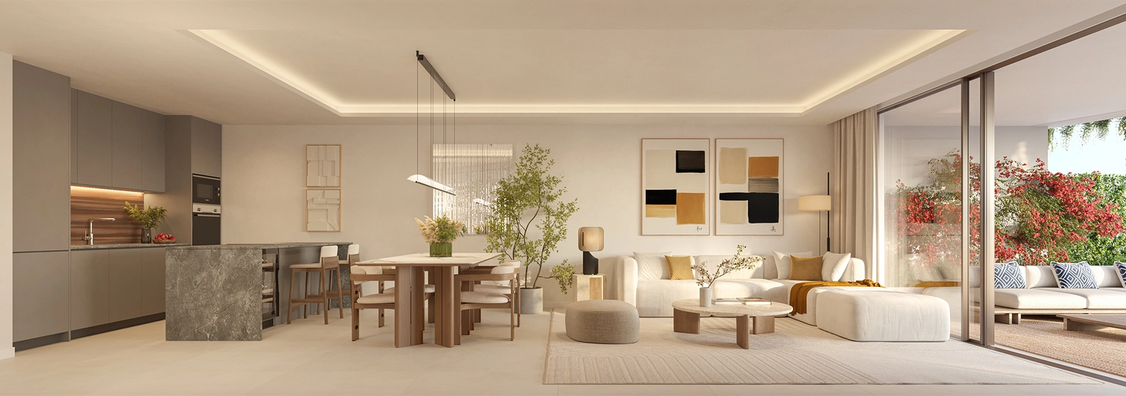 Geräumige, offene Wohnbereiche, die auf Komfort ausgelegt sind und nahtlos auf die Terrasse übergehen.