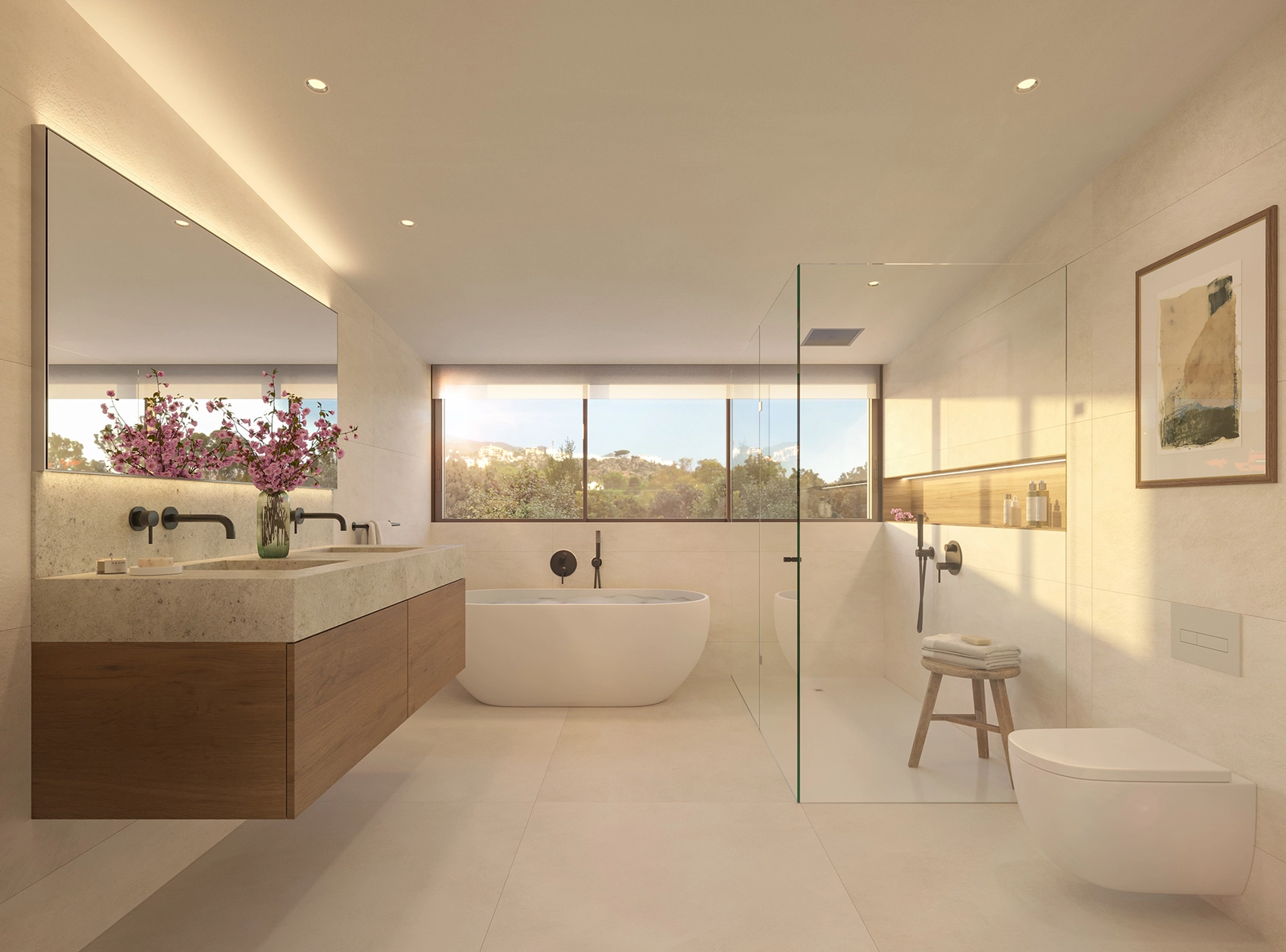 Ein elegantes Badezimmer mit hochwertigen Materialien und einer ruhigen, Wellness-ähnlichen Atmosphäre.