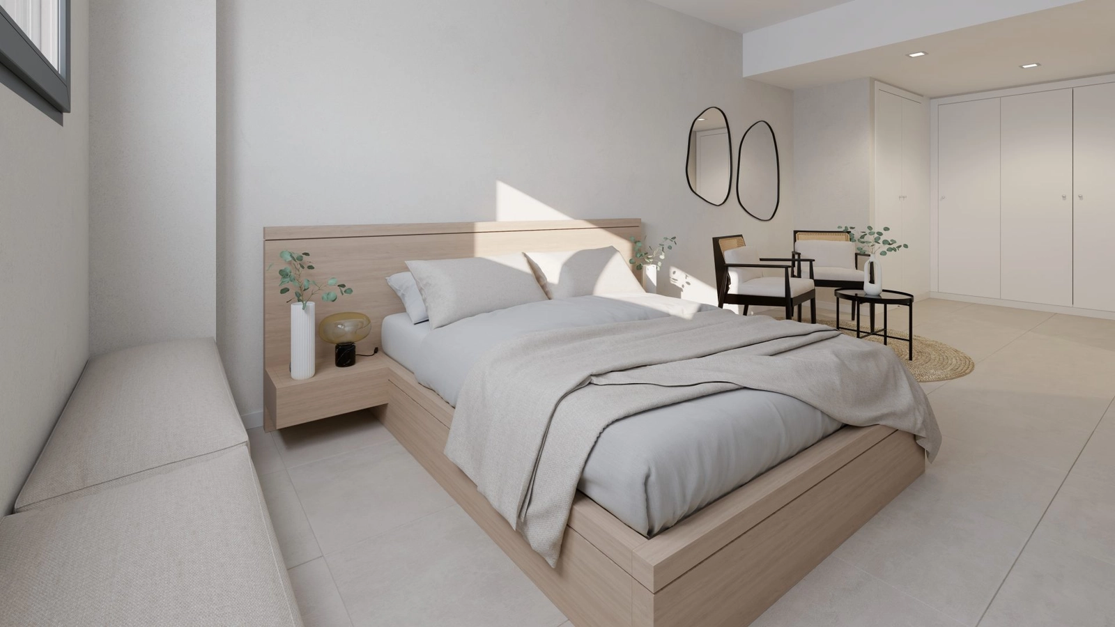 Das ruhige Hauptschlafzimmer, ein friedlicher Rückzugsort mit einem ruhigen und modernen Design.