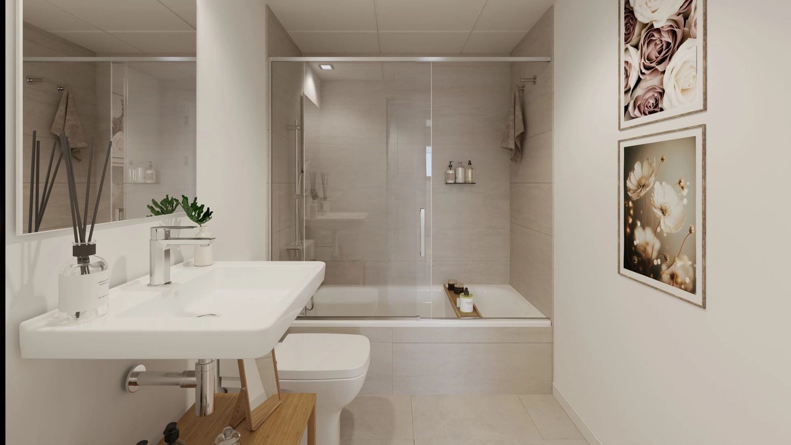 Das gut ausgestattete zweite Badezimmer, das Funktionalität mit einer modernen Ästhetik verbindet.