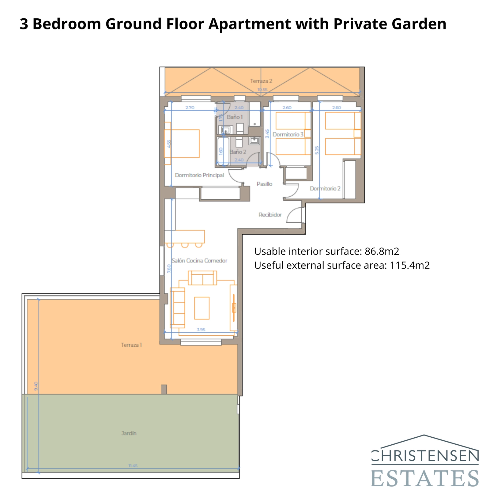 Dieser Erdgeschossgrundriss mit drei Schlafzimmern zeigt großzügige Wohnbereiche, die auf eine große Terrasse und den Garten führen.