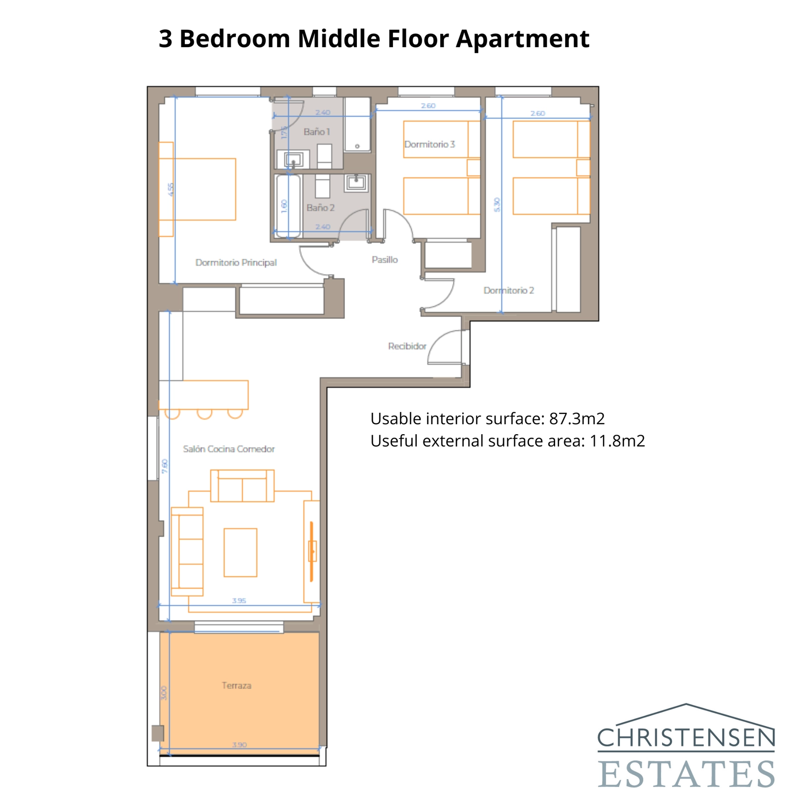 Ein gut durchdachter Grundriss für eine Drei-Zimmer-Wohnung, der Raum, Licht und den Zugang zu einer privaten Terrasse optimiert.