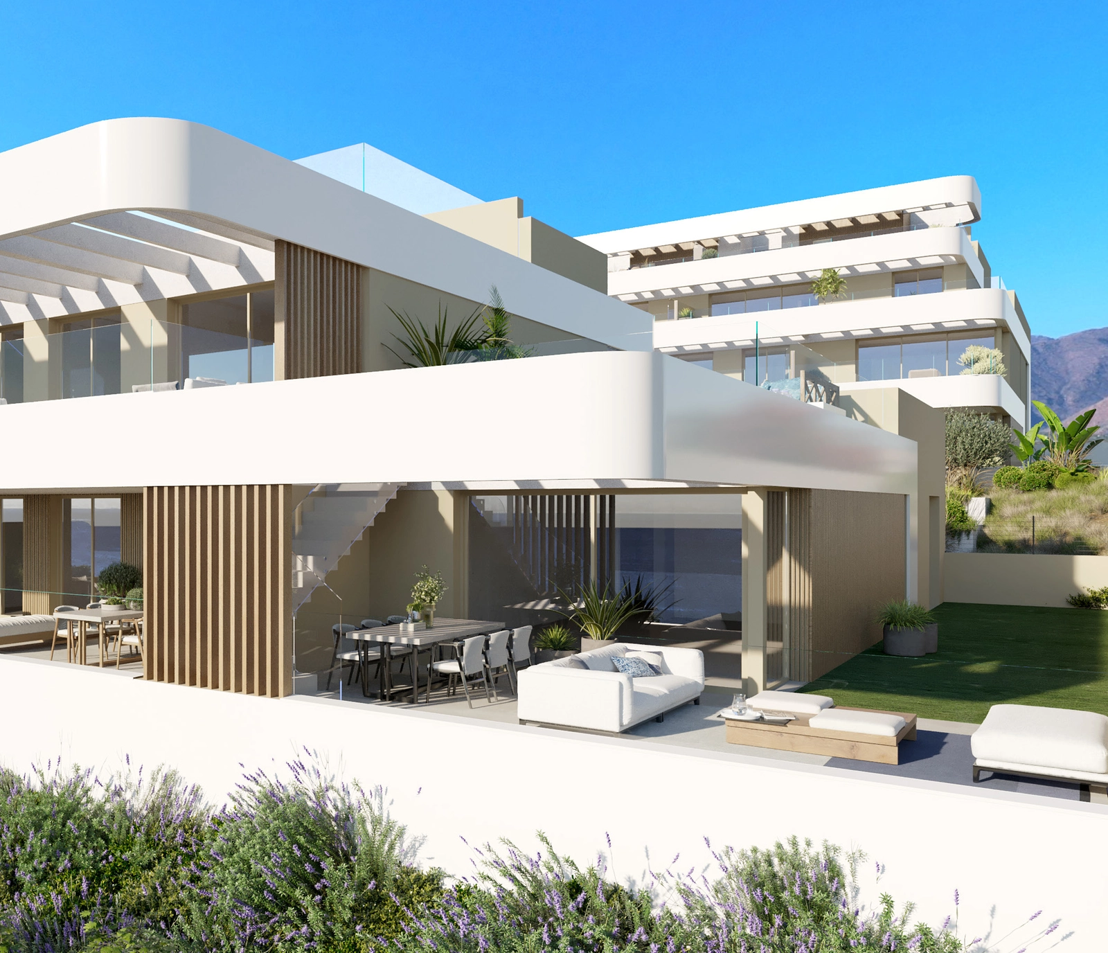 Moderne Architektur mit eleganten Linien, entworfen, um sich harmonisch in die natürliche Umgebung einzufügen und maximalen Komfort zu bieten.