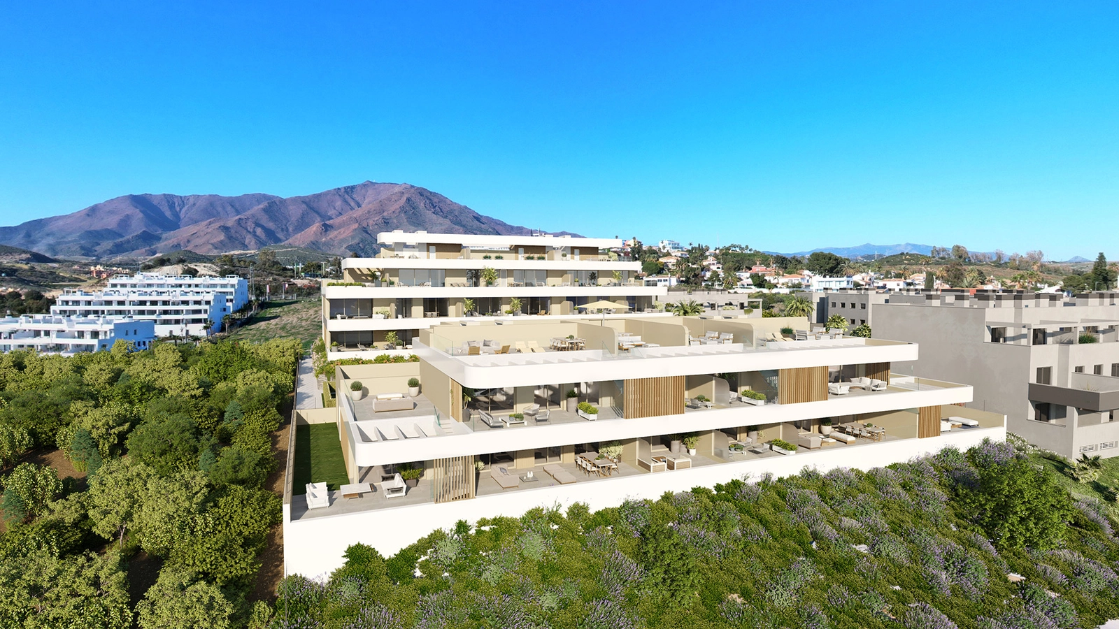 Eine Luftaufnahme von Celestia Homes, einer modernen Anlage vor der wunderschönen Berglandschaft von Estepona.