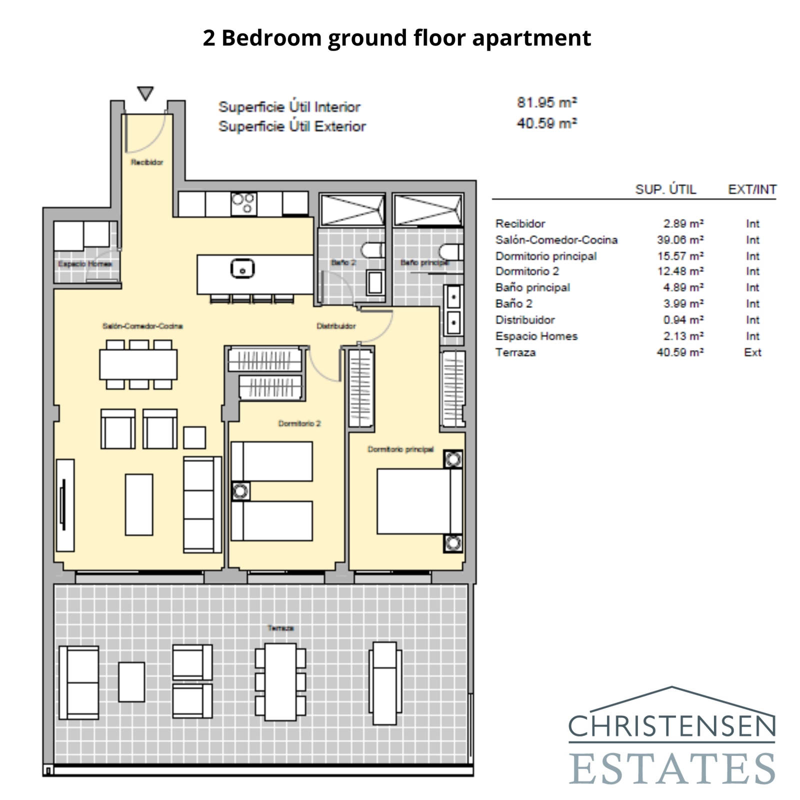 Grundriss einer Erdgeschosswohnung mit zwei Schlafzimmern, der den geräumigen Innenwohnbereich mit einer großen Terrasse und einem Garten verbindet.
