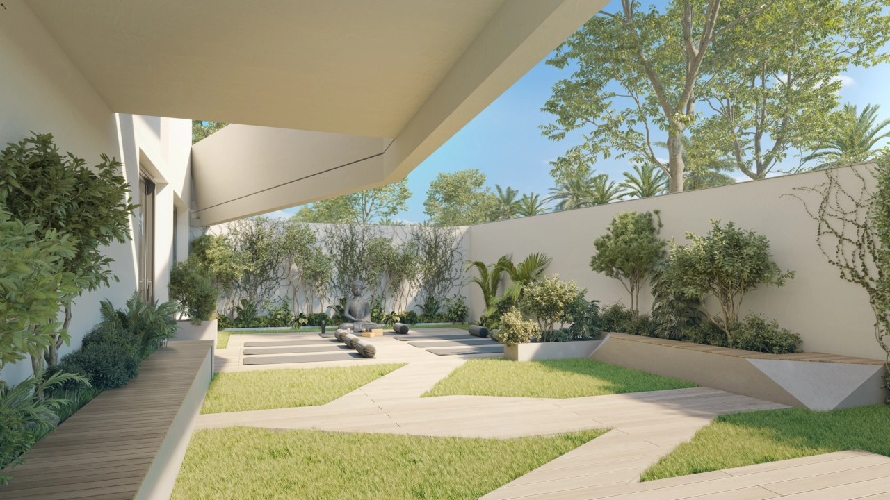 Finden Sie Ihr Gleichgewicht und Ihre Ruhe in der speziellen Achtsamkeits- und Yoga-Zone im Freien, umgeben von Grünflächen.