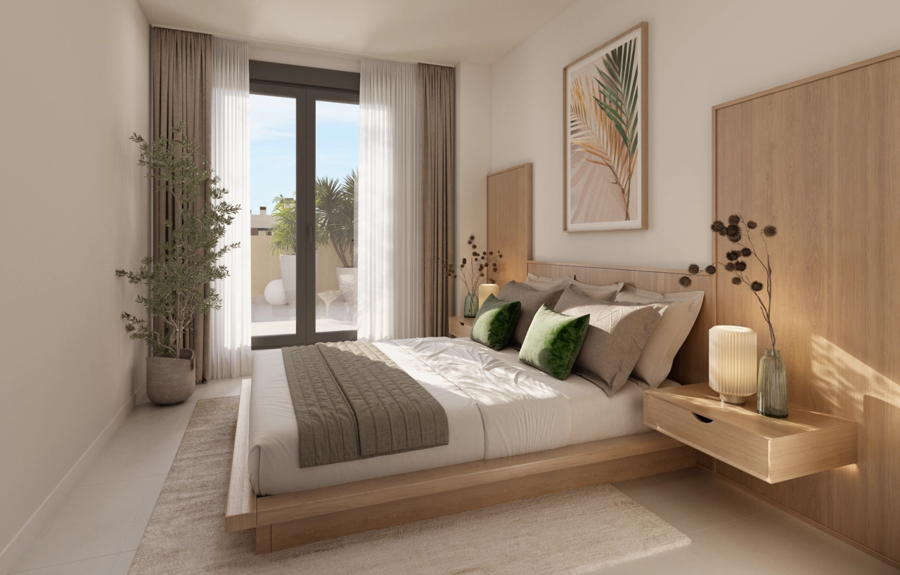 Das Hauptschlafzimmer ist ein ruhiger Rückzugsort, der Komfort, Stil und direkten Zugang zu einer privaten Terrasse bietet.