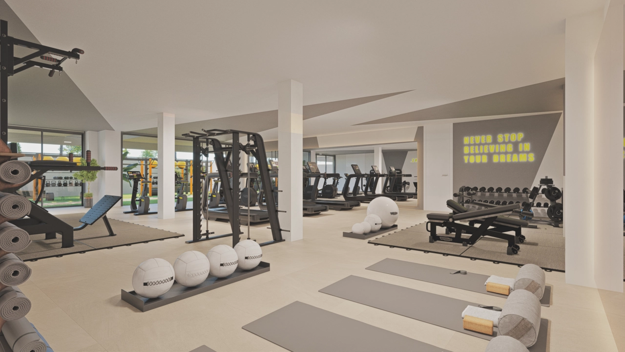 Ein hochmodernes Fitnessstudio mit einer breiten Palette an Geräten, um einen aktiven und gesunden Lebensstil zu unterstützen.