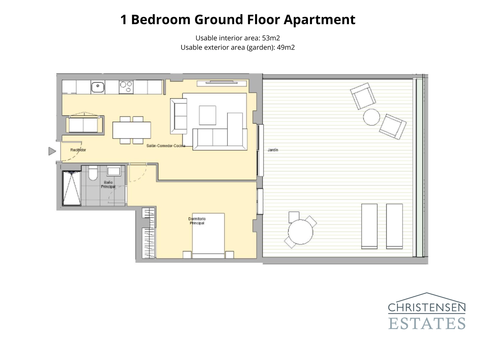 Erdgeschosswohnung mit einem Schlafzimmer – Eine gut durchdachte Aufteilung mit geräumigen Innenbereichen, die mit einem großzügigen privaten Garten verbunden sind.