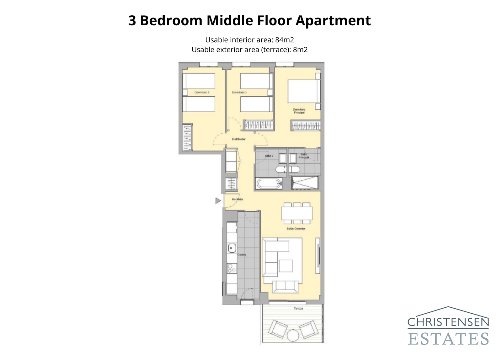 Wohnung mit drei Schlafzimmern – Ein familienfreundliches Design mit klarer Trennung zwischen Wohn- und Schlafbereichen für Komfort und Privatsphäre.