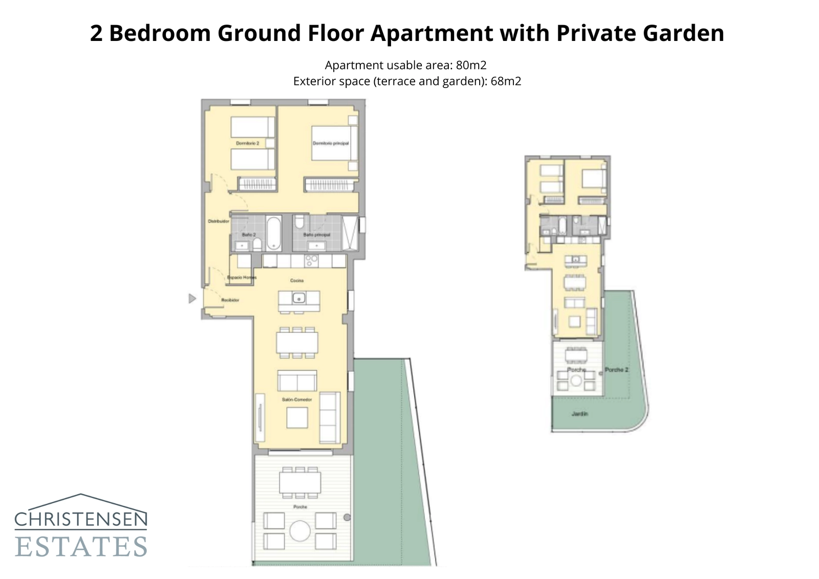 Dieser Grundriss für eine Zwei-Schlafzimmer-Erdgeschosswohnung umfasst eine geräumige Terrasse und einen privaten Garten, ideal für Familien und Unterhaltung im Freien.
