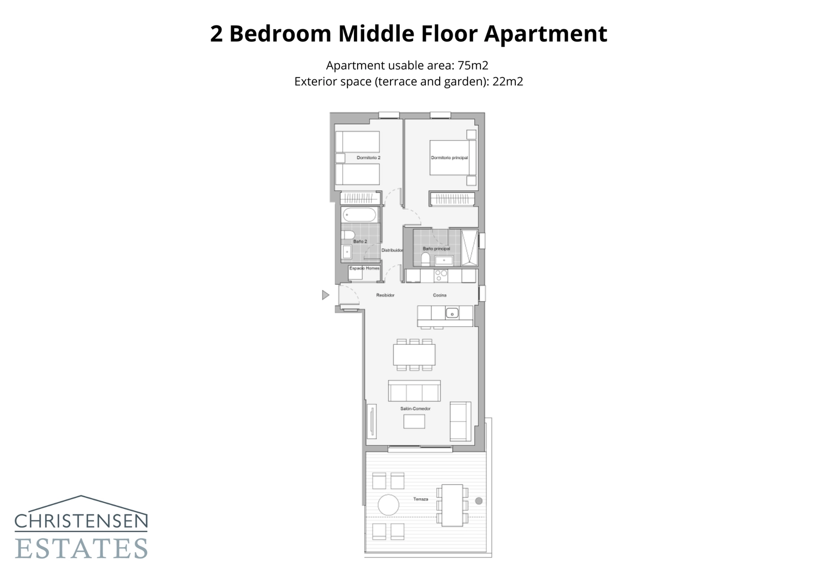 Eine gut durchdachte Zwei-Schlafzimmer-Wohnung, die einen komfortablen Wohnraum mit zwei Badezimmern und einer großen Terrasse zur Entspannung bietet.
