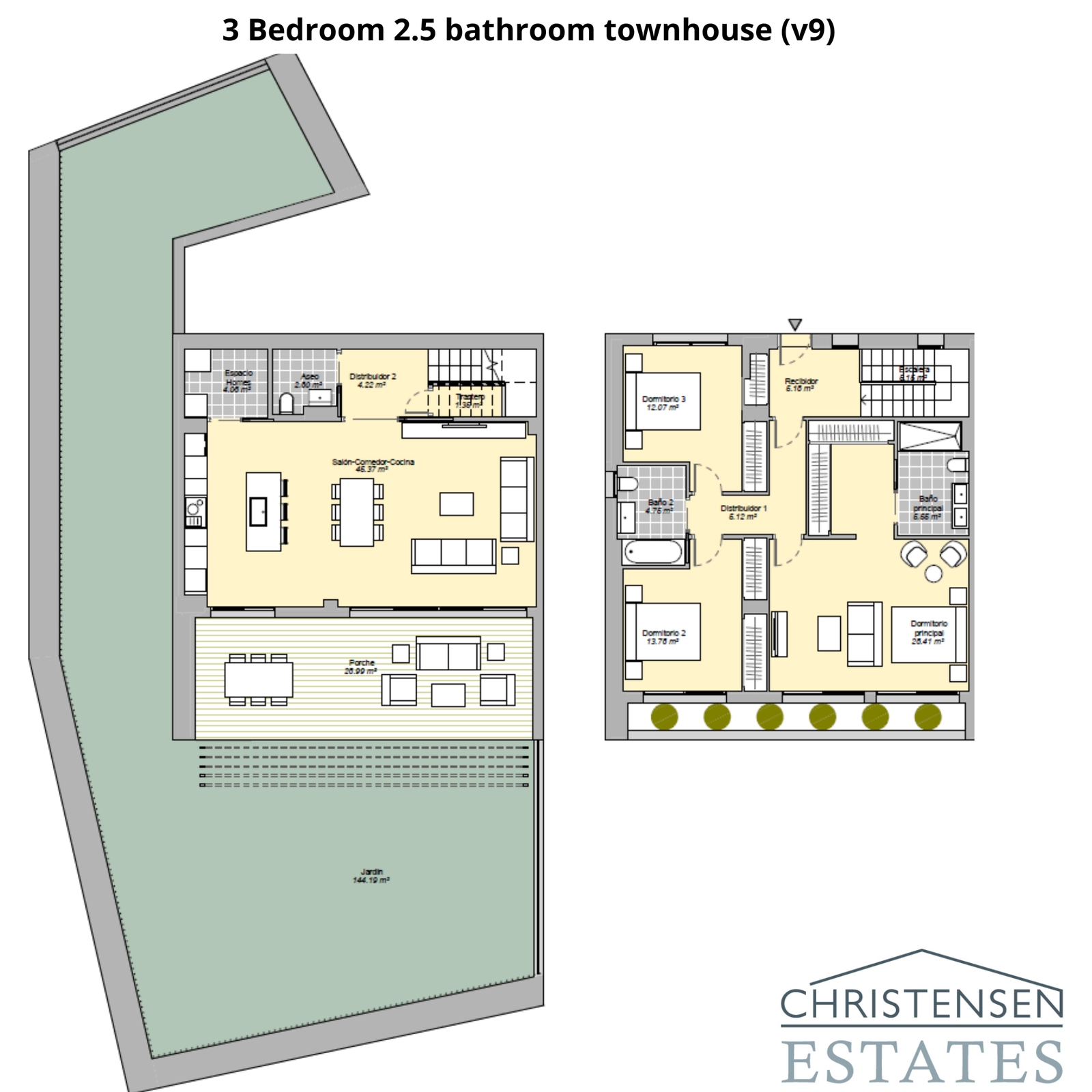 Dieser Grundriss eines Reihenhauses mit drei Schlafzimmern verfügt über einen weitläufigen privaten Garten und einen offenen Wohnbereich, ideal für das Leben drinnen und draußen.